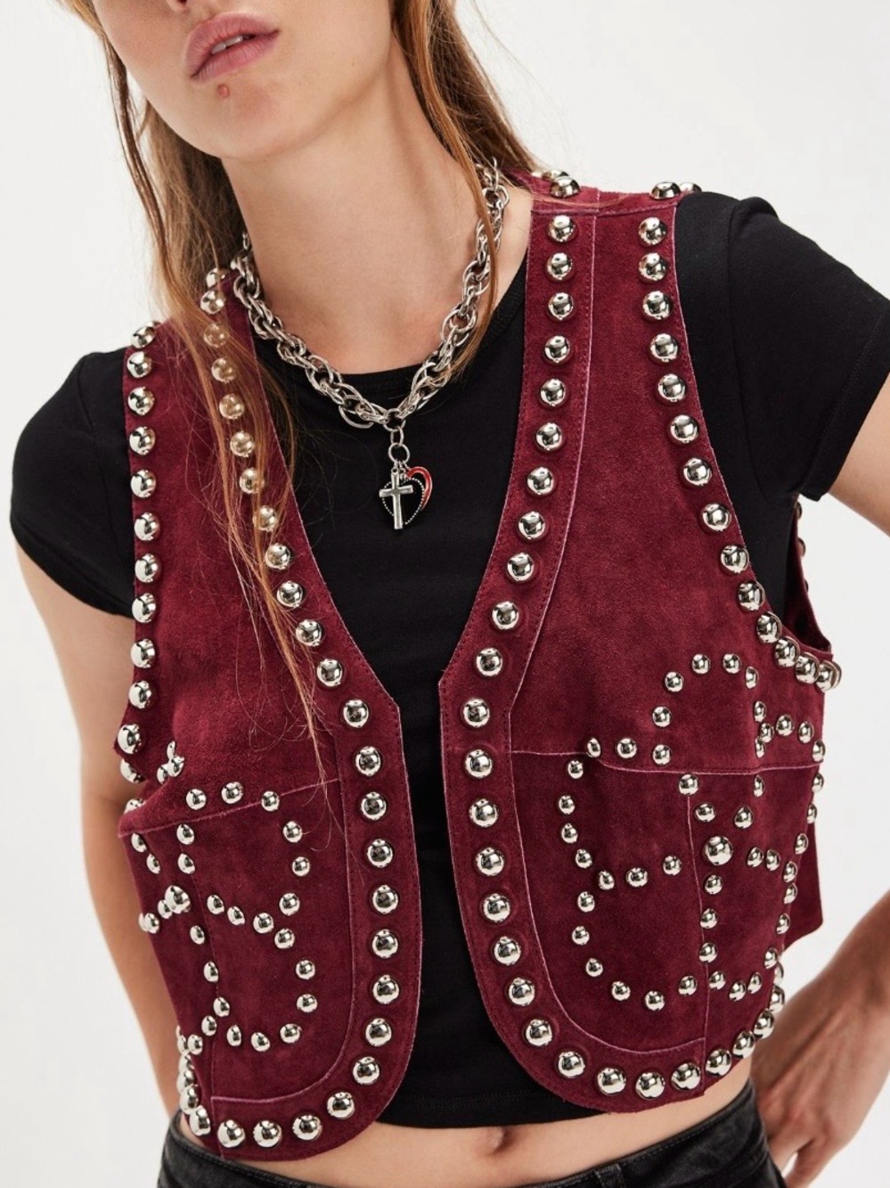 Burgundy Suede Studded Cropped Vest